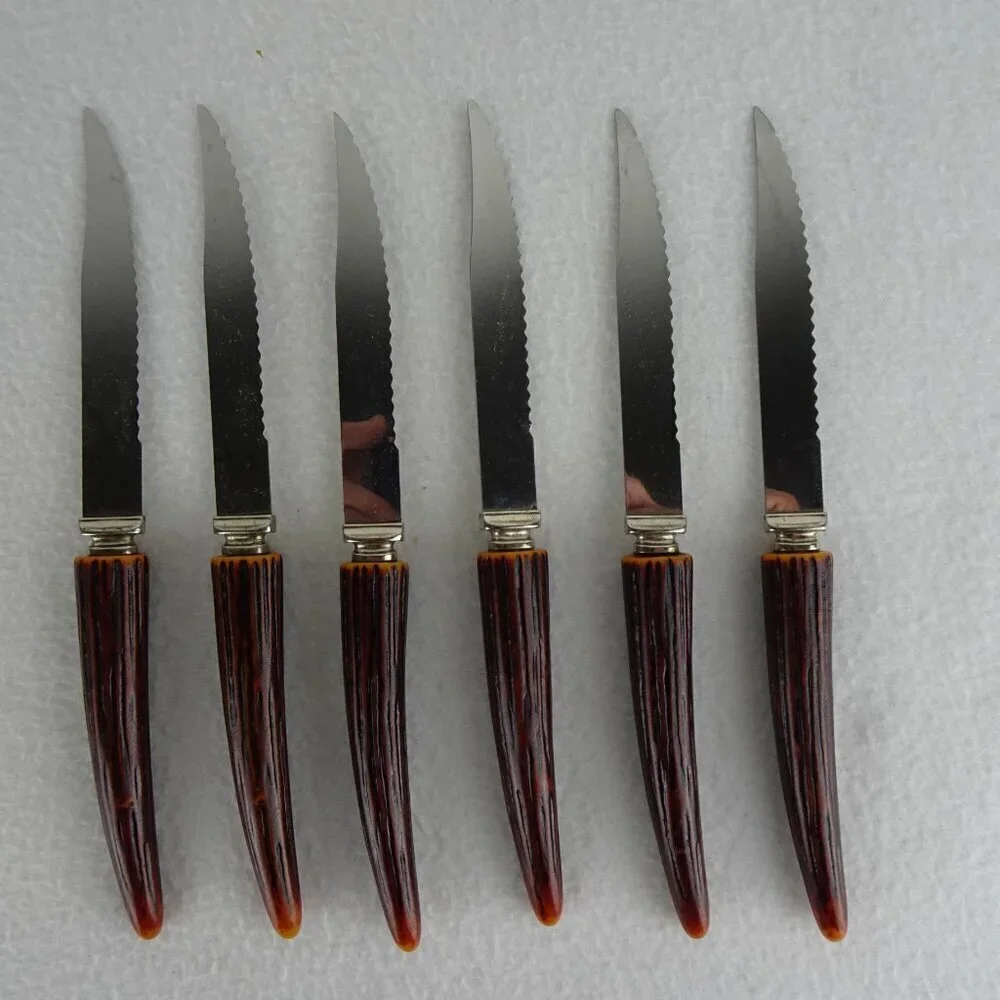 6 REGENT SHEFFIELD Steak Knives Stainless Blade Faux Antler Handle Original Box